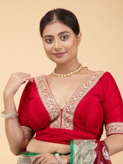 Rani Vichitra Silk V Neck Blouse with Coding Lace Border