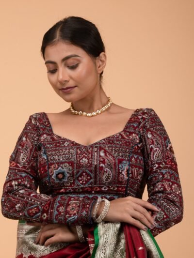 Merun Georgette Multi Colour Heavy Embroidery and Coding Work Sweet Heart Neck Blouse