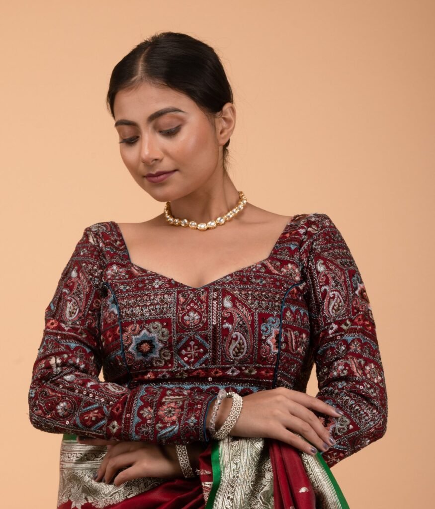 Merun Georgette Multi Colour Heavy Embroidery and Coding Work Sweet Heart Neck Blouse