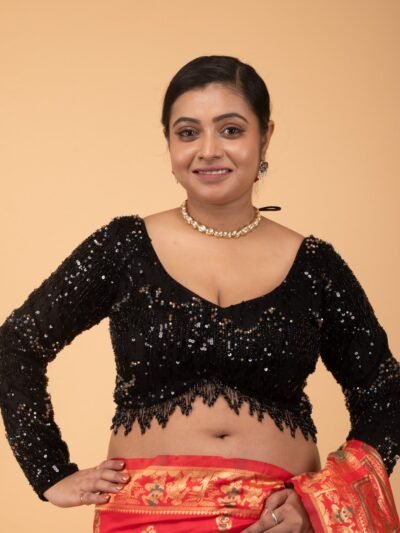 Black Net Layered Cutdana with Hanging Jhalar Lace Sweet Heart Neck Full Sleeve Blouse