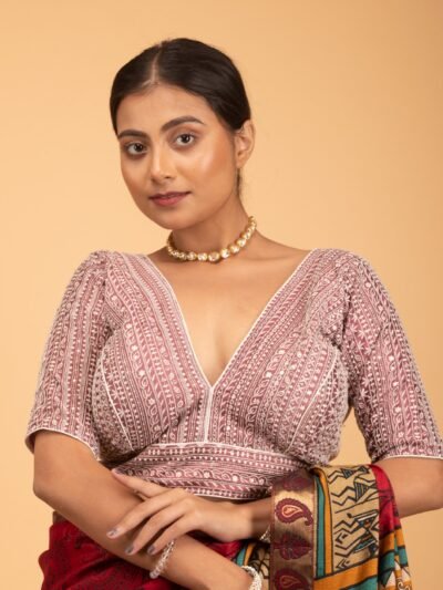 Pink Vichitra Silk Heavy White Embroidery V Neck Blouse