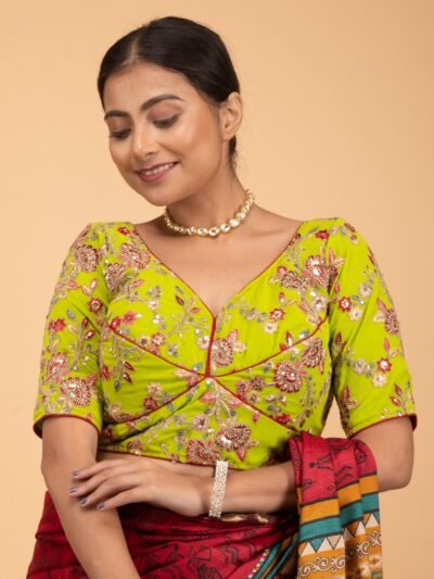 Light Green Multicolour Heavy Embroidery Sweet Heart Neck Blouse