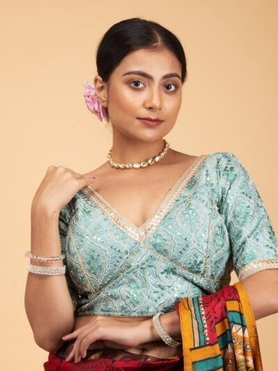 Embroidery Light Green Silk Blouse with Golden Lace