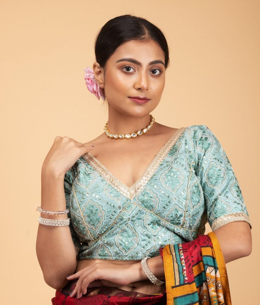 Embroidery Light Green Silk Blouse with Golden Lace