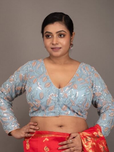 Sky Blue Net Cutdana Work V Neck Full Sleeve Blouse