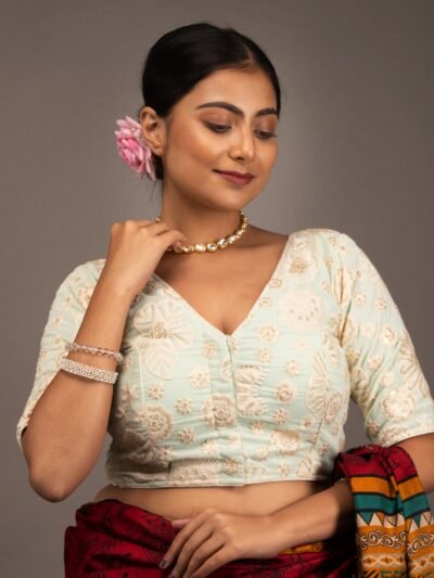 Seq and Embroidery Work Light Green Georgette V Neck Blouse