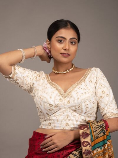 Embroidery White Silk Blouse with Golden Lace