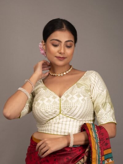 Light Green Embroidery on White Cotton Satin Blouse with Sequence work