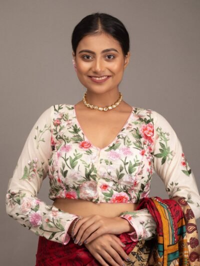 Net Floral Embroidery White Blouse Full Sleeve