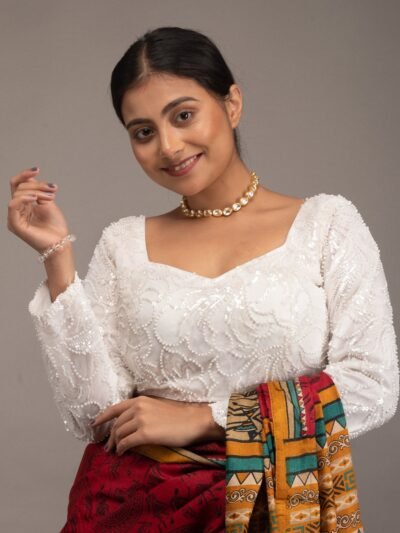 White Net Seq and Motidana Work Sweet Heart Neck Full Sleeve Blouse