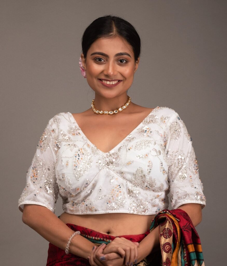 White Net Multi Colour Stone and Cutdana Work Blouse V Neck