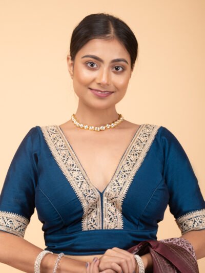 Teal Blue Vichitra Silk V Neck Blouse with Coding Lace Border