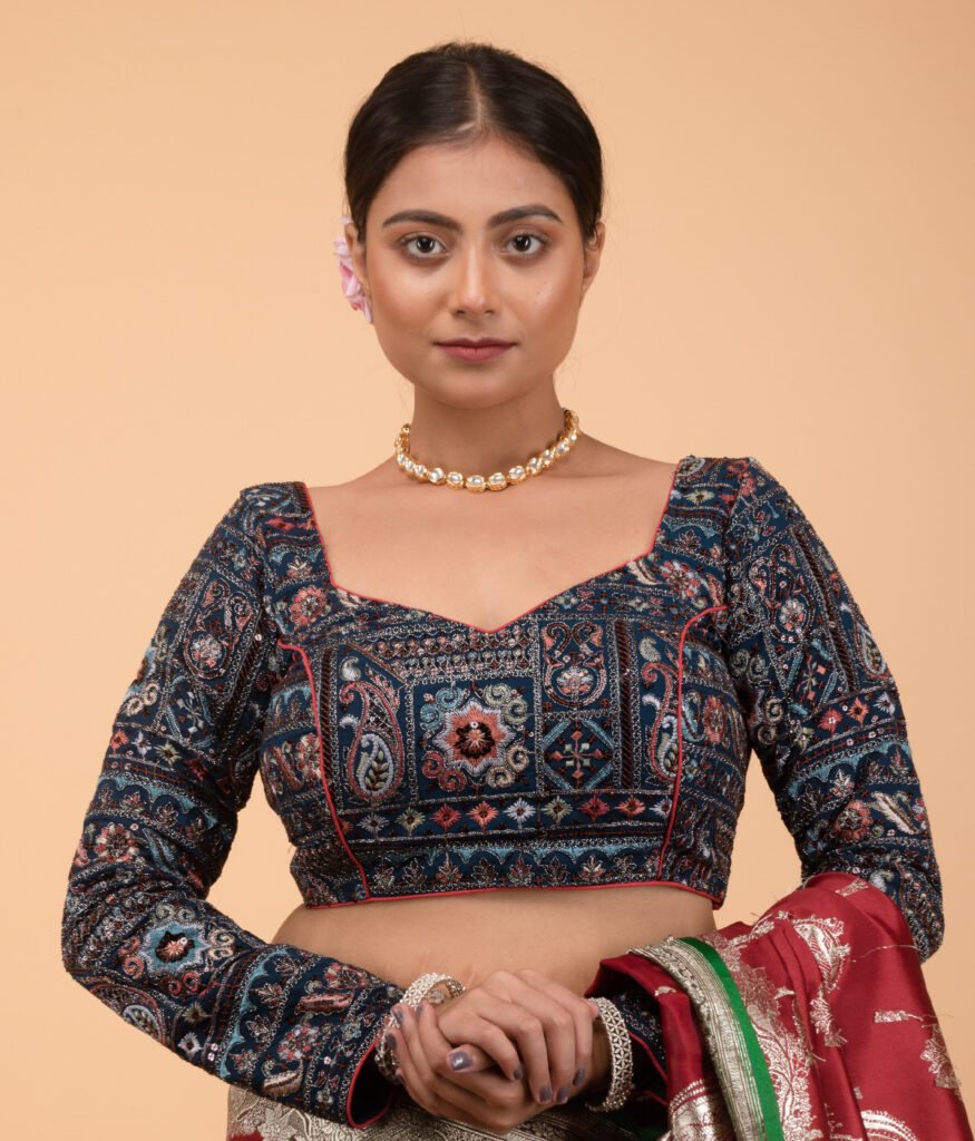 Teal Blue Georgette Multi Colour Heavy Embroidery and Coding Work Sweet Heart Neck Blouse