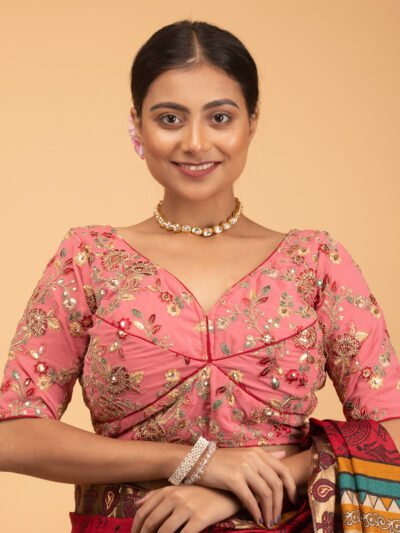 Pink Multicolour Heavy Embroidery Sweet Heart Neck Blouse