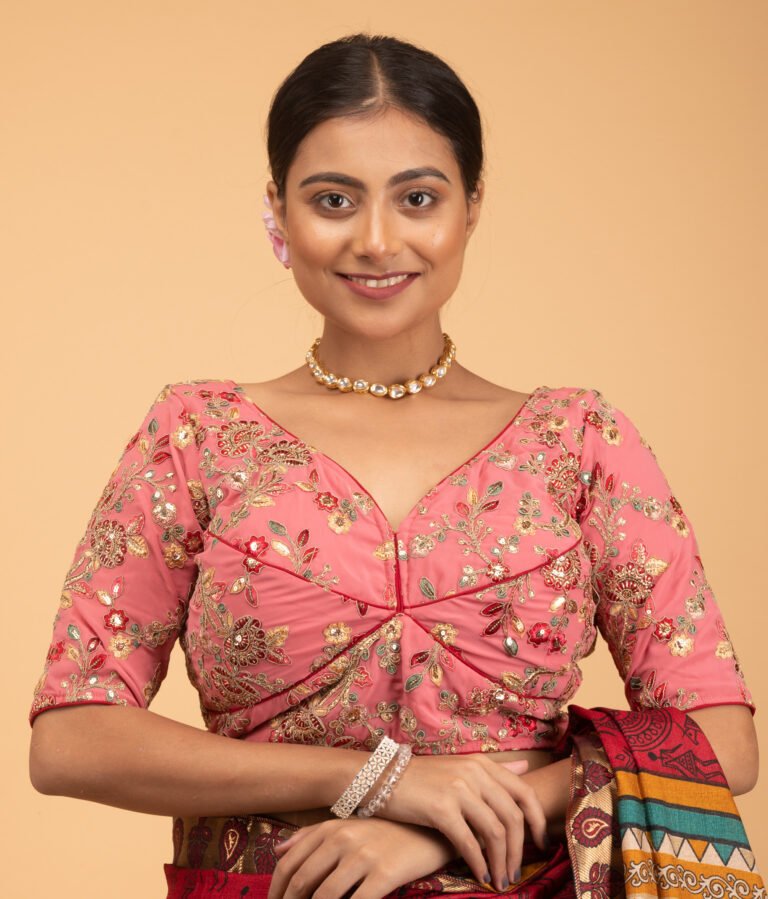 Pink Multicolour Heavy Embroidery Sweet Heart Neck Blouse