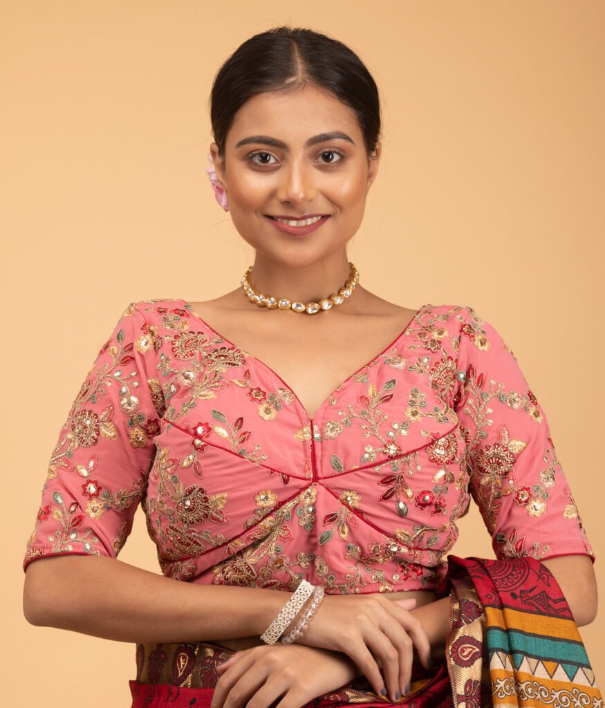 Pink Multicolour Heavy Embroidery Sweet Heart Neck Blouse