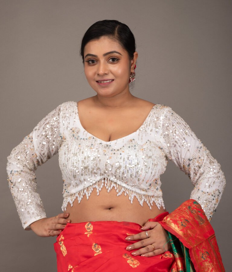 White Net Layered Cutdana with Hanging Jhalar Lace Sweet Heart Neck Full Sleeve Blouse
