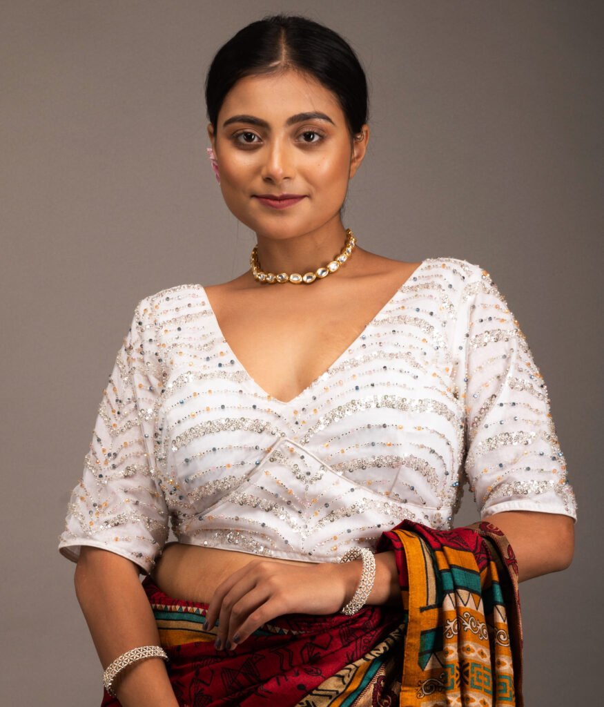 White Net Multi Colour Stone and Cutdana Work Blouse